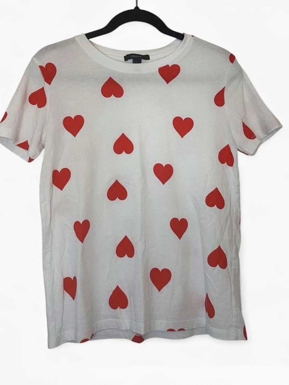 Forever 21 Heart Print Short Sleeve Tee in White & Red Size Small